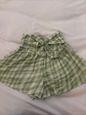 Chaser Light Green Plaid High-Waist Tie-Belt Shorts